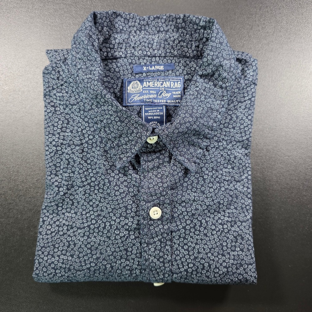 American Rag Mens XL Navy Blue White Floral Cotton Long Sleeve Button Down Shirt